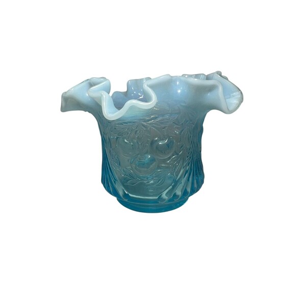 Vintage LG Wright Blue Glass Opalescent Raised Cherry Design Vase MCM 1960’s - Picture 3 of 11